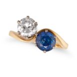 NO RESERVE - A SAPPHIRE AND DIAMOND TOI ET MOI RING in yellow gold, set with a round cut sapphire...