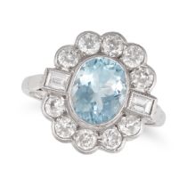 AN AQUAMARNE AND DIAMOND CLUSTER RING in 18ct white gold, set with an oval cut aquamarine in a cl...