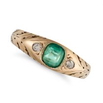 AN EMERALD AND DIAMOND GYPSY RING in 14ct yellow gold, set with a cushion cut emerald accented on...