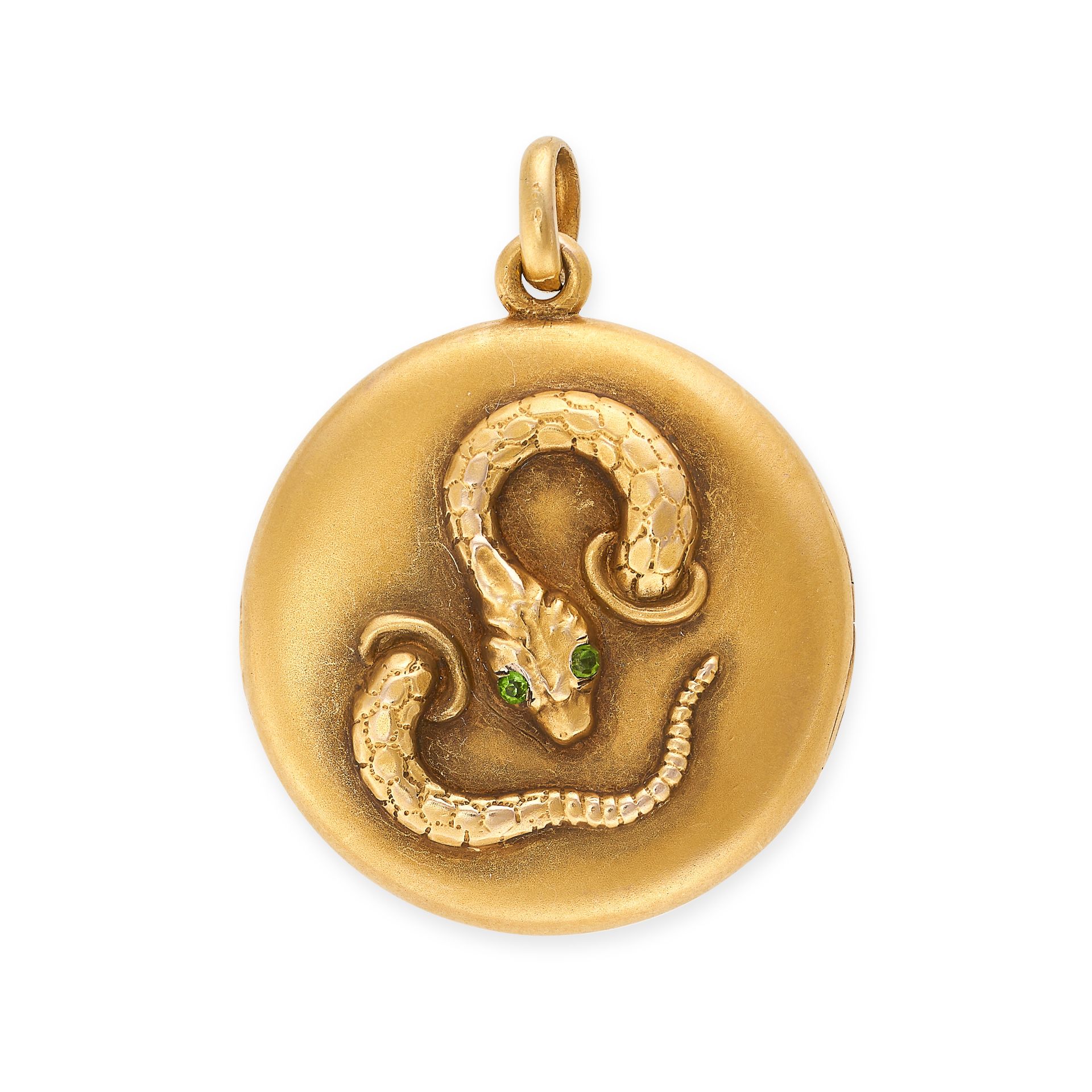NO RESERVE - AN ANTIQUE SNAKE LOCKET / PENDANT in 10ct yellow gold, the circular hinged locket wi...