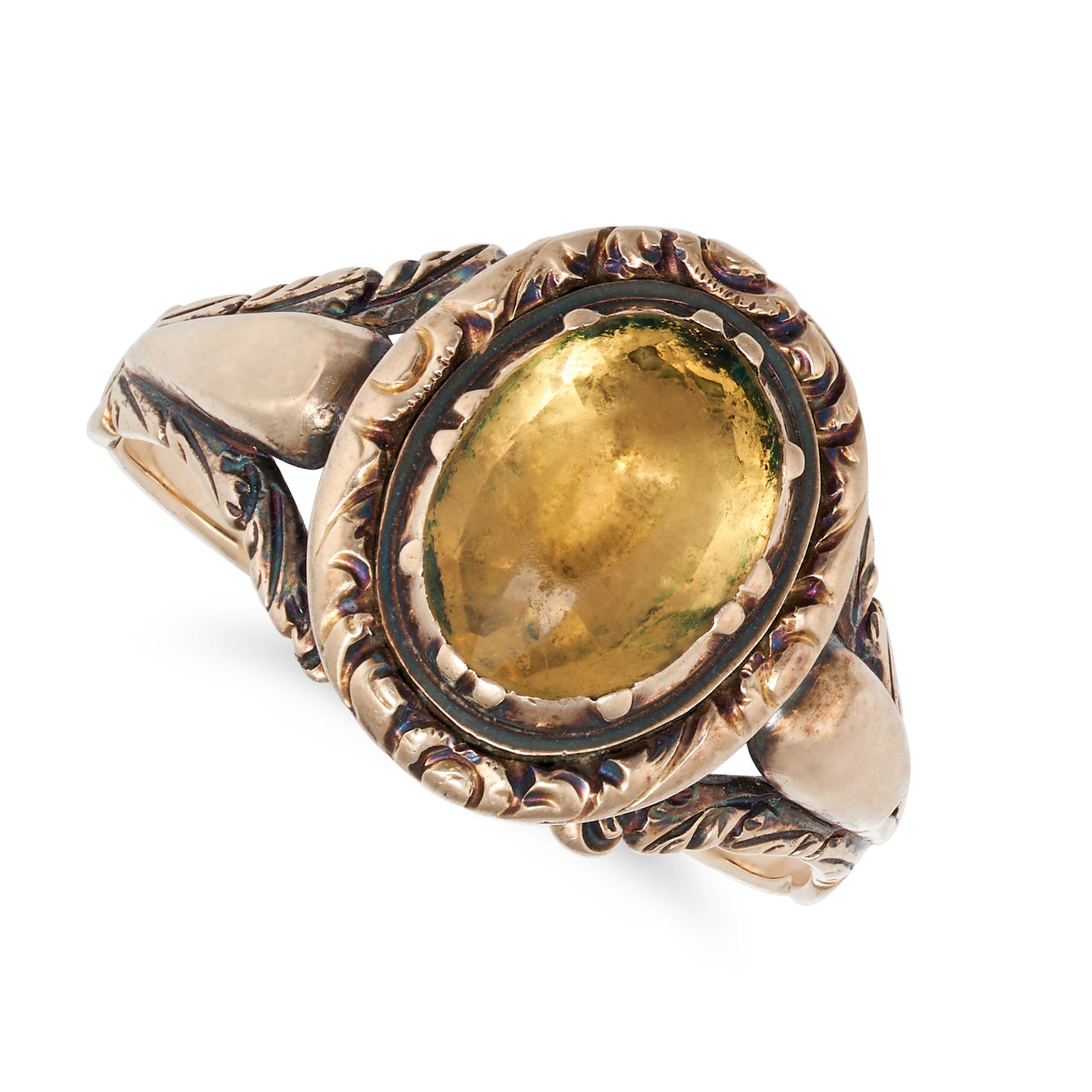 NO RESERVE - AN ANTIQUE CITRINE RING in yellow gold, set with an oval cut citrine, no assay marks...