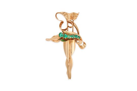 NO RESERVE - A VINTAGE EMERALD STYLISED BALLERINA BROOCH in 14ct yellow gold, designed as a styli...