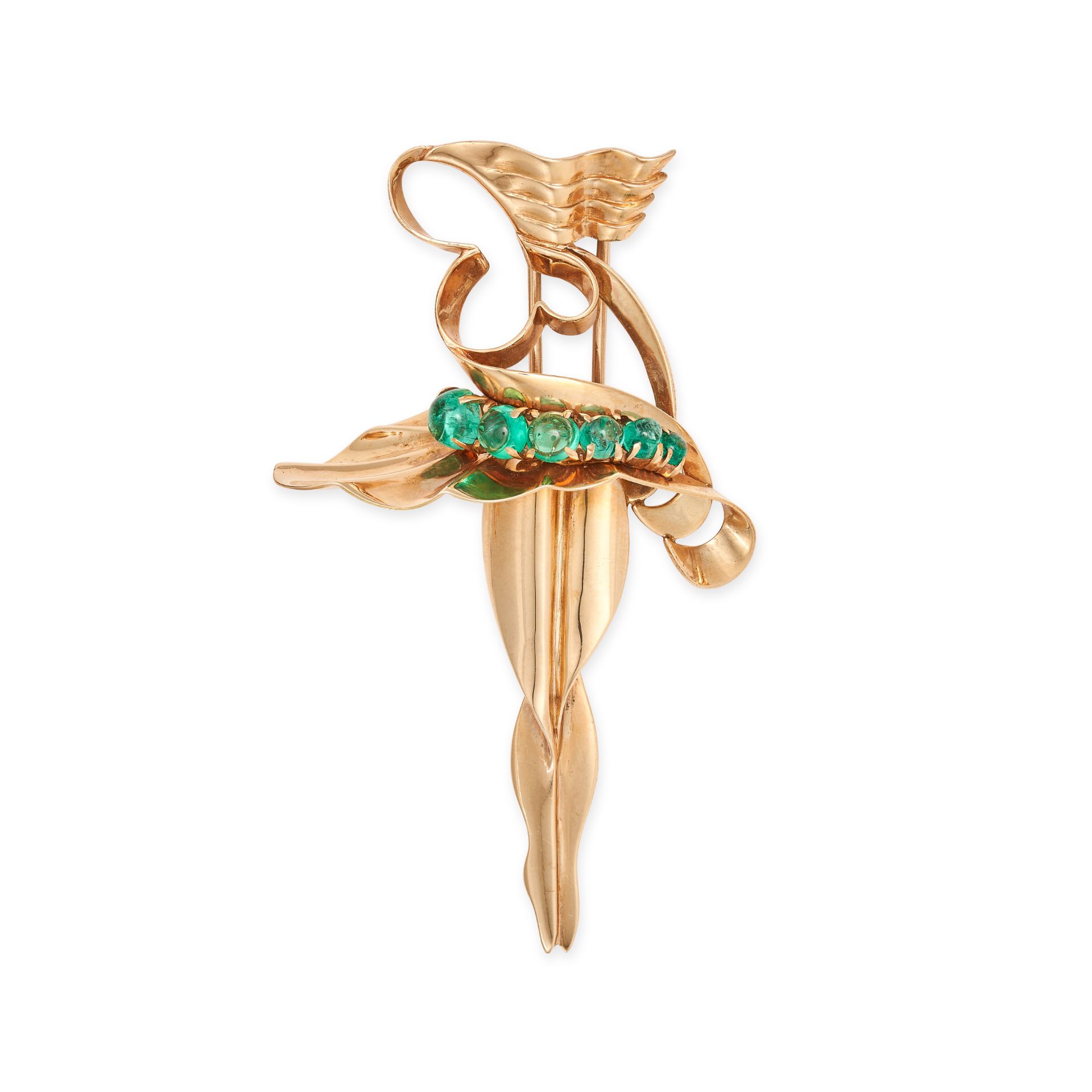 NO RESERVE - A VINTAGE EMERALD STYLISED BALLERINA BROOCH in 14ct yellow gold, designed as a styli...