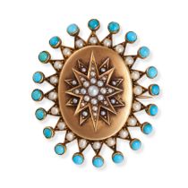 AN ANTIQUE TURQUOISE AND PEARL STAR BROOCH in yellow gold, the oval brooch with a star motif set ...