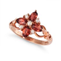 NO RESERVE - A GARNET AND PEARL RING in 9ct rose gold, in foliate design set with oval cut garnet...