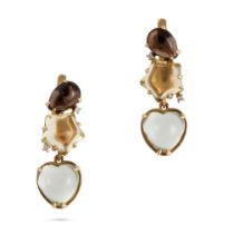 NO RESERVE - A PAIR OF SMOKEY QUARTZ, CITRINE, AQUAMARINE AND DIAMOND EARRINGS in 18ct yellow gol...