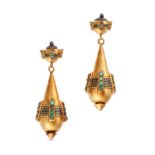 NO RESERVE - A PAIR OF ANTIQUE TURQUOISE AND ENAMEL DROP EARRINGS in yellow gold, each comprising...