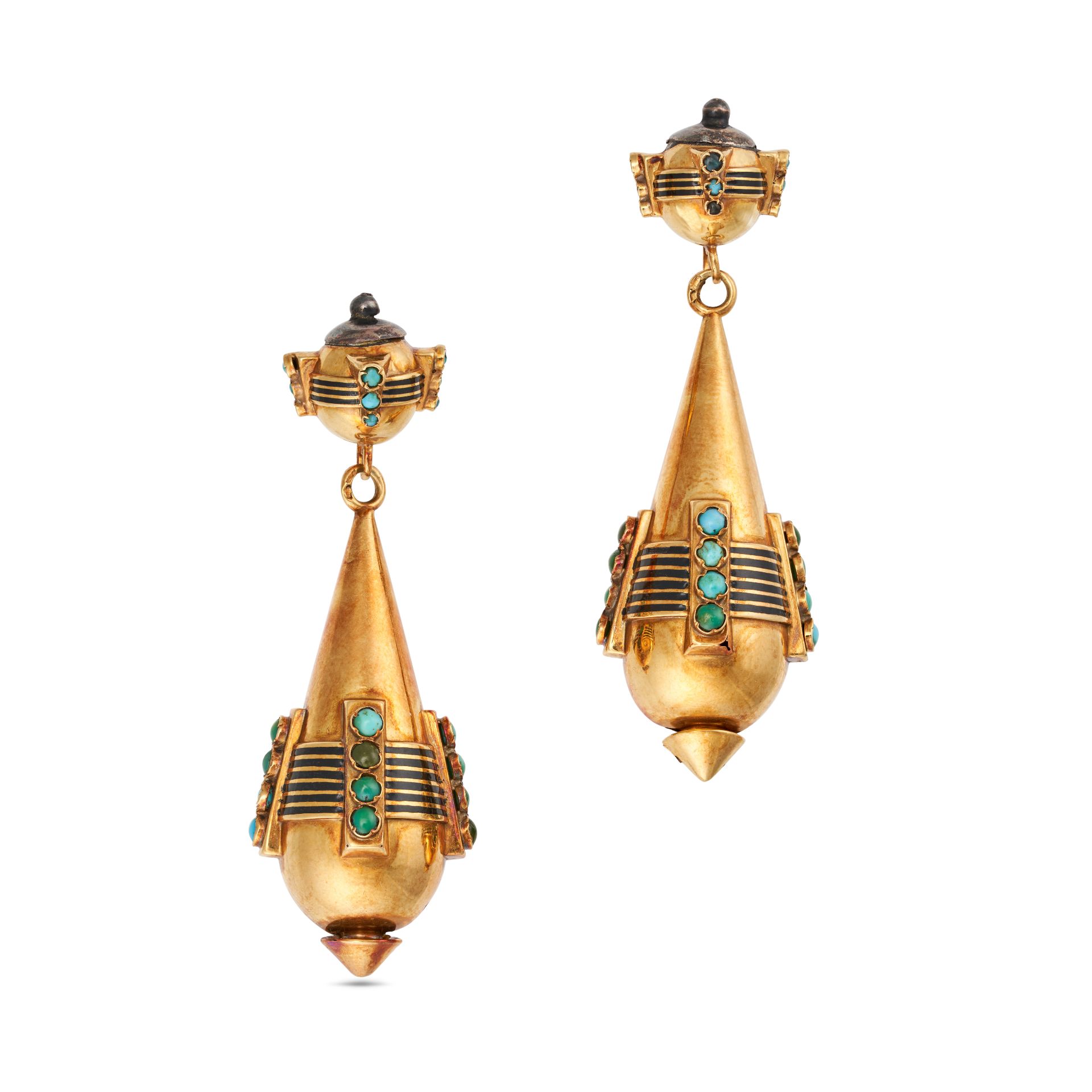 NO RESERVE - A PAIR OF ANTIQUE TURQUOISE AND ENAMEL DROP EARRINGS in yellow gold, each comprising...