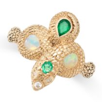 NO RESERVE - AN EMERALD, OPAL AND DIAMOND SNAKE RING in yellow gold, designed as a coiled snake, ...