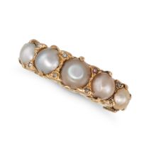 AN ANTIQUE PEARL FIVE STONE RING in yellow gold, set with five half pearls accented by rose cut d...