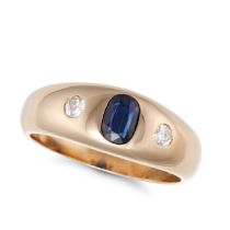 A SAPPHIRE AND DIAMOND GYPSY RING in 14ct yellow gold, set with an oval cut sapphire between two ...