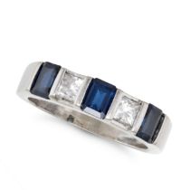 A SAPPHIRE AND DIAMOND BAND RING in 14ct white gold, set with a row of alternating rectangular st...