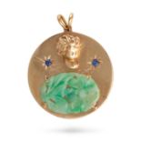 NO RESERVE - A JADEITE JADE AND SAPPHIRE PENDANT in 14ct yellow gold, the circular pendant design...