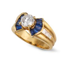 NO RESERVE - A DIAMOND AND SAPPHIRE RING in 18ct yellow gold, set with a round brilliant cut diam...