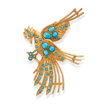 NO RESERVE - A TURQUOISE BIRD BROOCH in 18ct yellow gold, designed as a bird perched on a branch,...