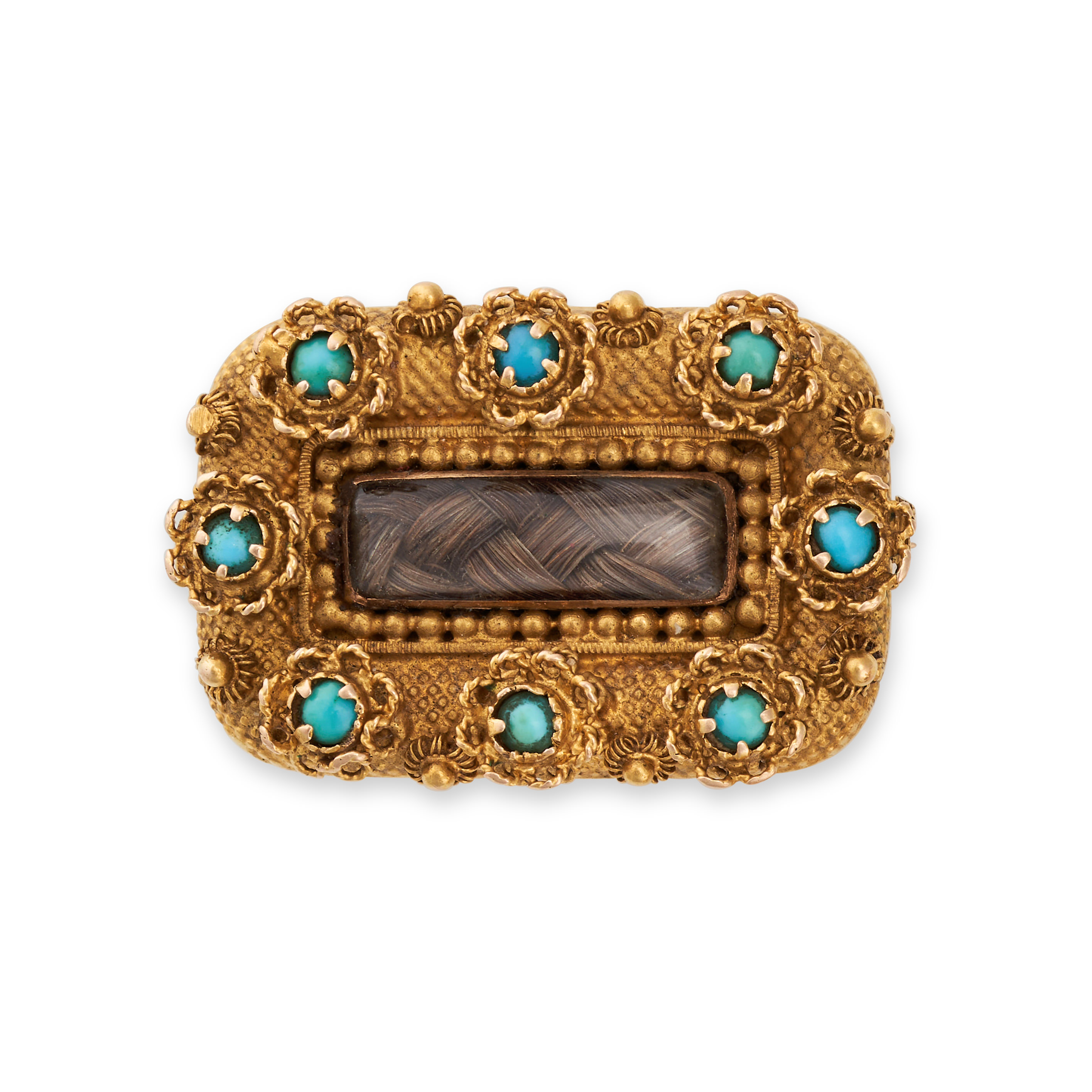 AN ANTIQUE TURQUOISE HAIRWORK BROOCH in yellow gold, set with a rectangular glass covered panel c...