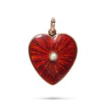 NO RESERVE - AN ANTIQUE ENAMEL AND PEARL HEART LOCKET PENDANT in yellow gold, relieved in red gui...