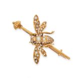 A PEARL AND DIAMOND INSECT BROOCH in 14ct yellow gold, designed as a winged insect set throughout...