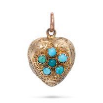 NO RESERVE - AN ANTIQUE TURQUOISE HEART LOCKET PENDANT in yellow gold, designed as an engraved he...