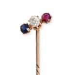 NO RESERVE - AN ANTIQUE SAPPHIRE, DIAMOND AND RUBY TIE / STICK PIN in yellow gold, set with an ol...