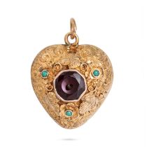NO RESERVE - AN ANTIQUE GARNET AND TURQUOISE HEART LOCKET PENDANT in yellow gold, the foliate hea...