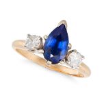 NO RESERVE - A SAPPHIRE AND DIAMOND THREE STONE RING in 14ct yellow gold, set with a pear cut sap...