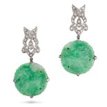 NO RESERVE - A PAIR OF JADEITE JADE AND DIAMOND EARRINGS in 14ct white gold, each comprising a fo...