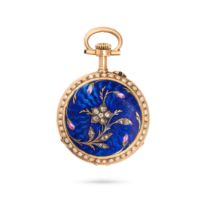 AN ANTIQUE DIAMOND, PEARL AND ENAMEL FOB WATCH in 18ct gold, the circular white dial with Roman n...