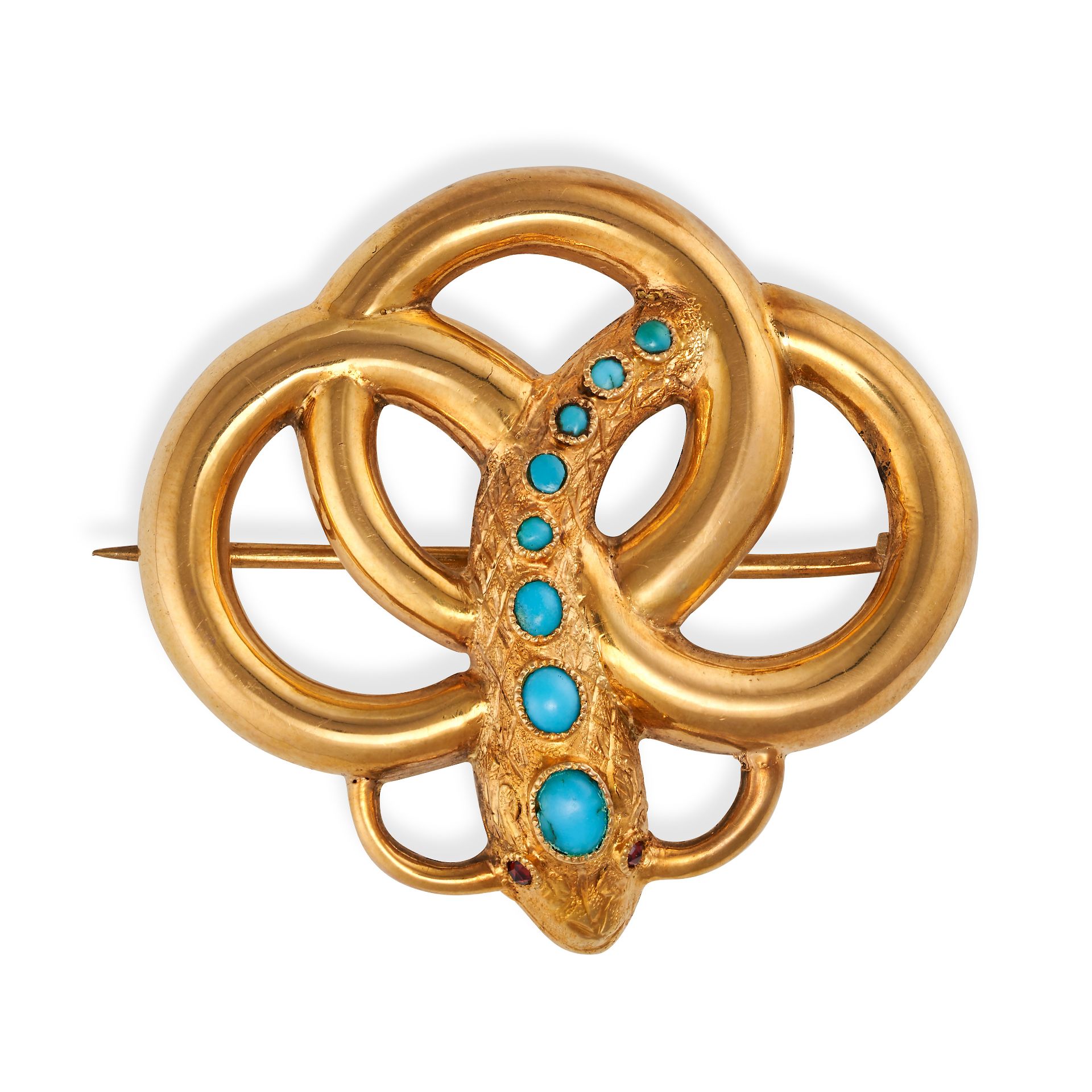 A TURQUOISE AND GARNET SNAKE BROOCH in yellow gold, designed as a coiled snake, the head set with...