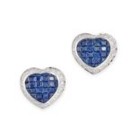 A PAIR OF SAPPHIRE AND DIAMOND HEART EARRINGS in 18ct white gold, invisibly set with calibre cut ...