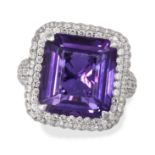 AN AMETHYST AND DIAMOND RING in 18ct white gold, set with a step cut amethyst of approximately 10...