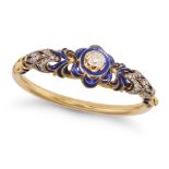 AN ANTIQUE DIAMOND AND ENAMEL BANGLE in yellow gold, the hinged bangle set with an old cut diamon...