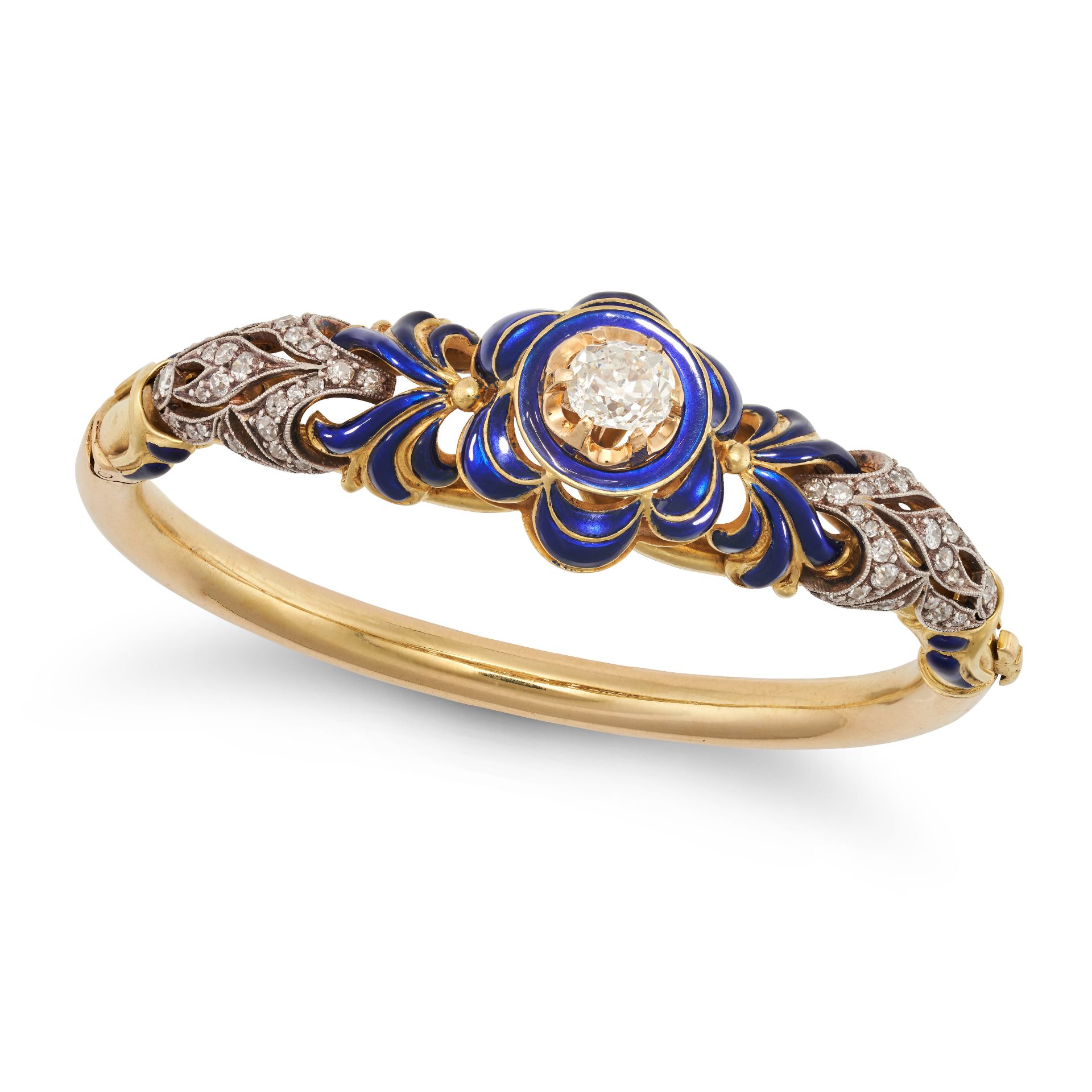 AN ANTIQUE DIAMOND AND ENAMEL BANGLE in yellow gold, the hinged bangle set with an old cut diamon...