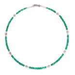 A DIAMOND, PEARL AND EMERALD BEAD NECKLACE in 18ct white gold and platinum, comprising a row of p...