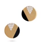 A PAIR OF ONYX AND DIAMOND EARRINGS in yellow gold, each with a slice motif set with round brilli...