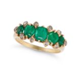AN EMERALD AND DIAMOND DRESS RING in yellow gold, set with five cushion cut emeralds accented by ...