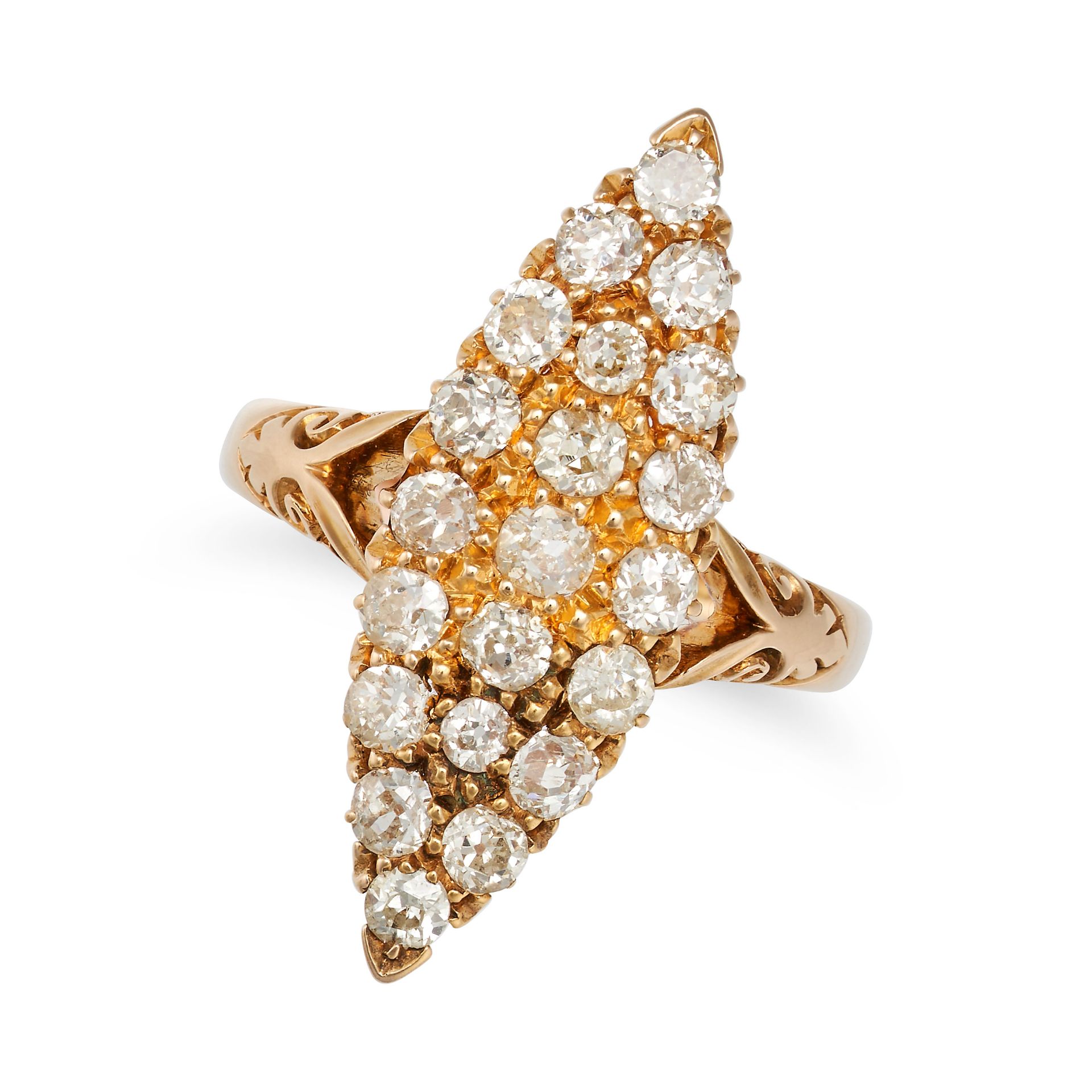 AN ANTIQUE DIAMOND NAVETTE RING in 18ct yellow gold, the navette face set with old cut diamonds, ...