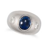 A SAPPHIRE AND DIAMOND GYPSY RING in platinum, set with a cabochon sapphire flanked by two round ...