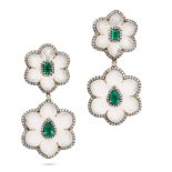 A PAIR OF ROCK CRYSTAL, DIAMOND AND EMERALD FLOWER DROP EARRINGS in 14ct yellow and white gold, e...