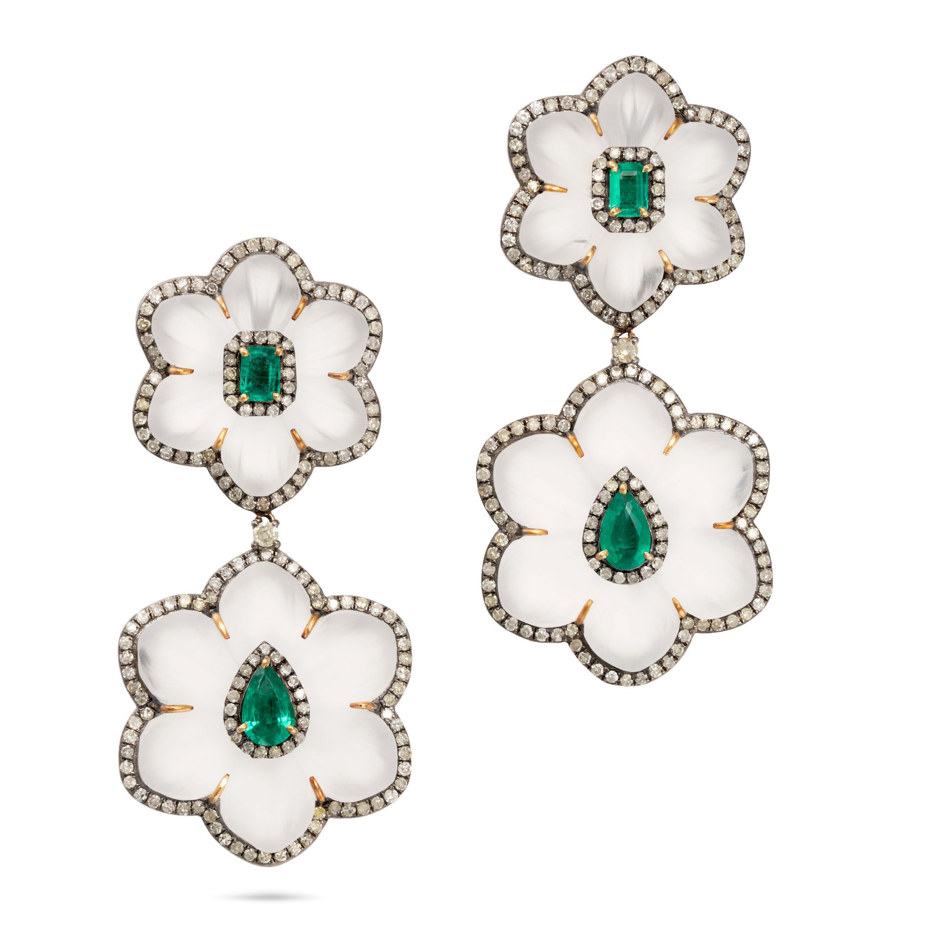 A PAIR OF ROCK CRYSTAL, DIAMOND AND EMERALD FLOWER DROP EARRINGS in 14ct yellow and white gold, e...