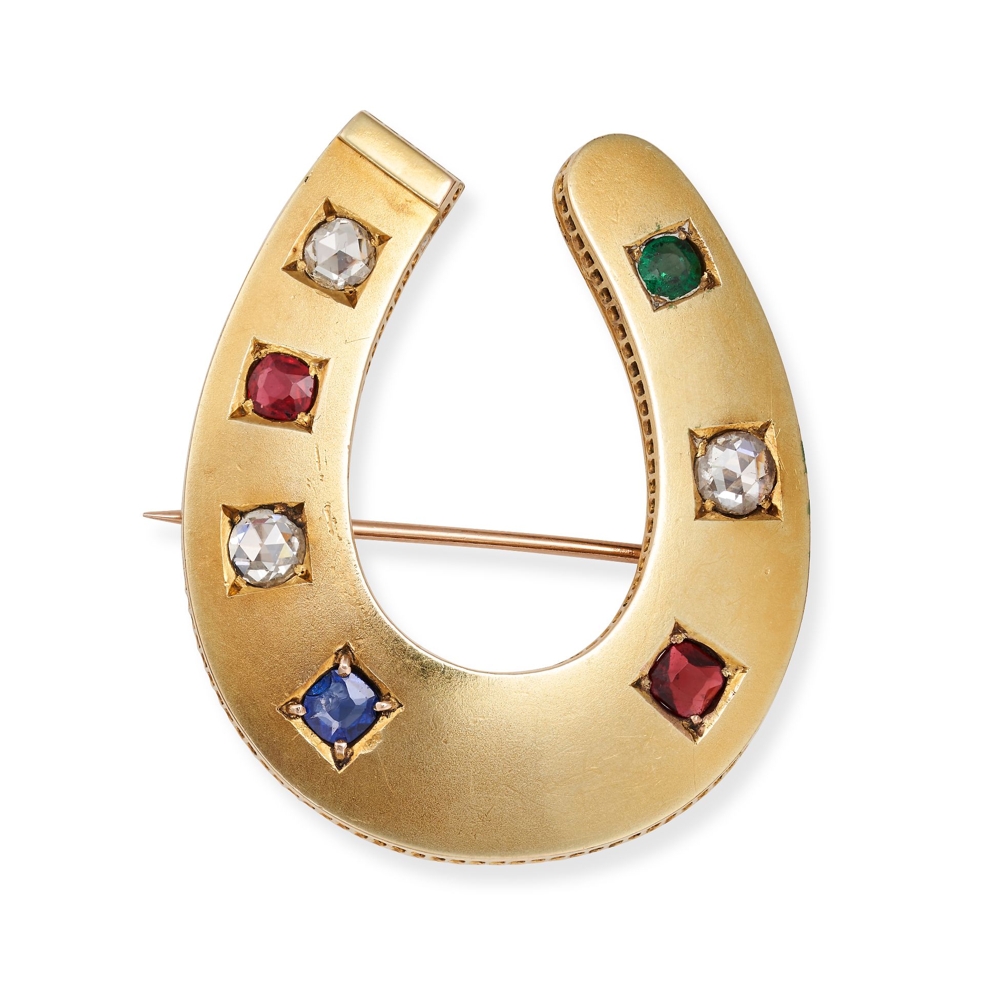 AN ANTIQUE DIAMOND AND PASTE HORSESHOE BROOCH in yellow gold, designed as a horseshoe set with ro...
