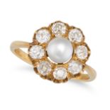 A NATURAL SALTWATER PEARL AND DIAMOND CLUSTER RING in yellow gold, set with a pearl of 6.25mm in ...