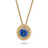 A SAPPHIRE AND DIAMOND PENDANT NECKLACE in 18ct yellow gold, the pendant set with a cushion cut s...
