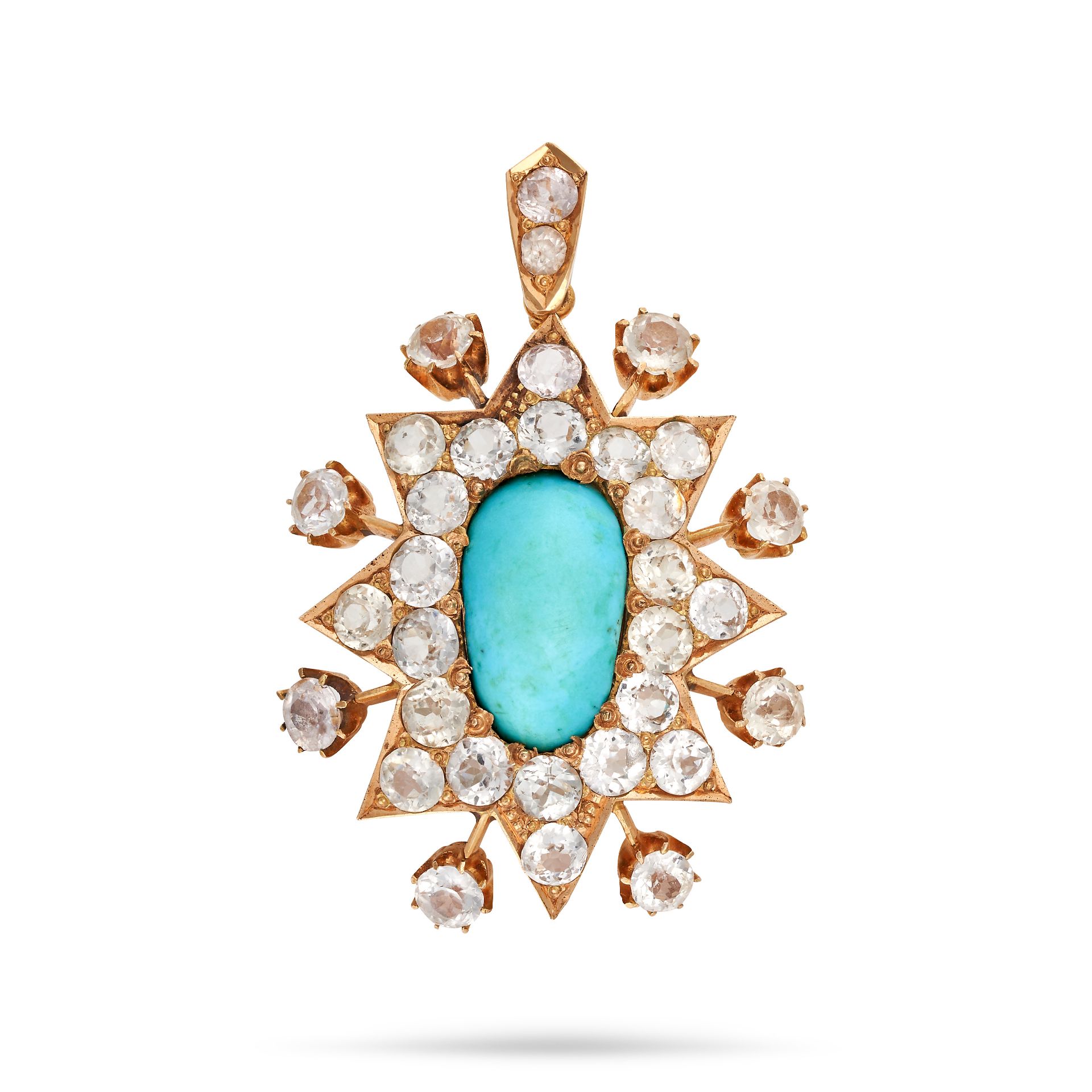 AN ANTIQUE TURQUOISE AND WHITE SAPPHIRE STAR PENDANT in yellow gold, set with a cabochon turquois...