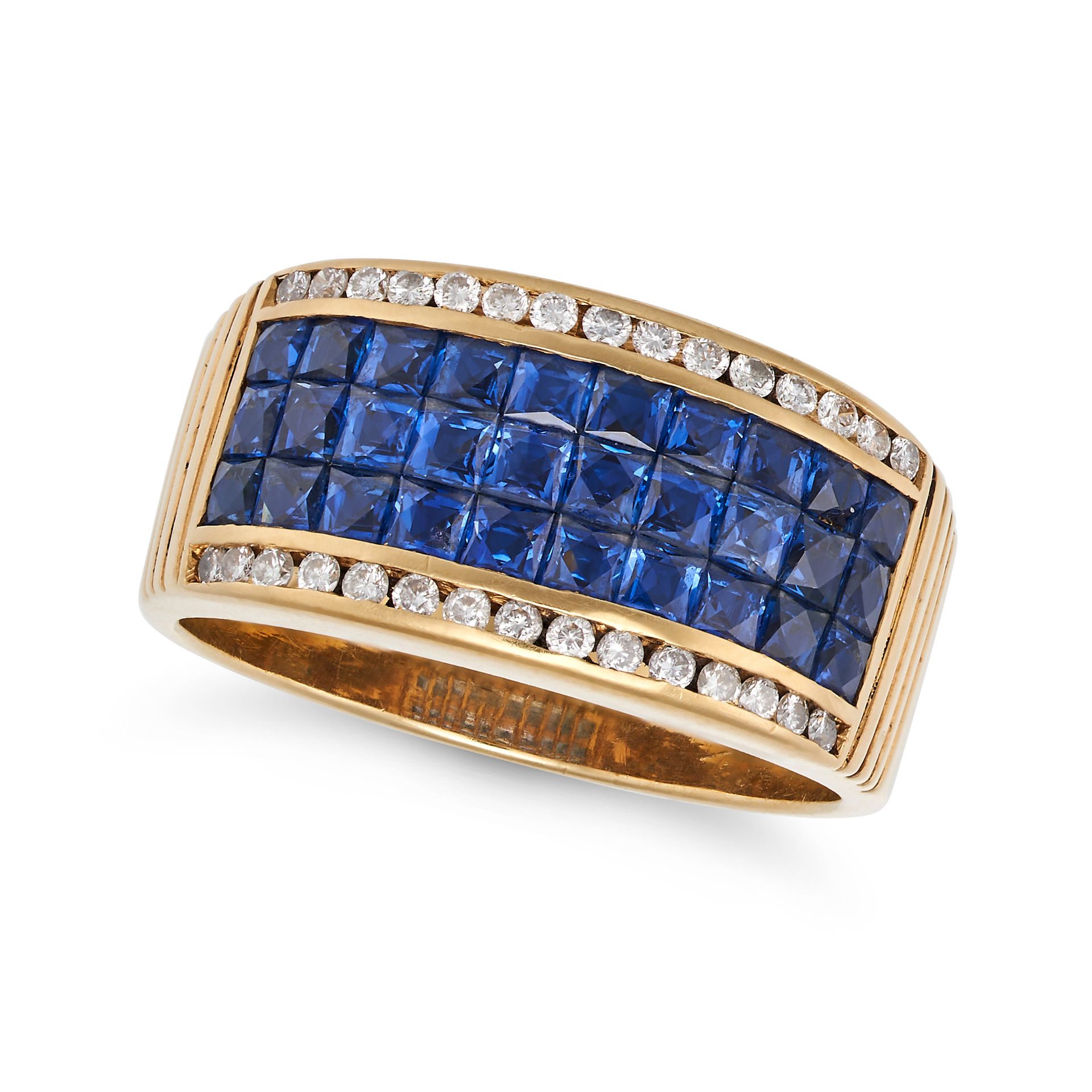 A SAPPHIRE AND DIAMOND DRESS RING in 18ct yellow gold, invisibly set with three rows of French cu...