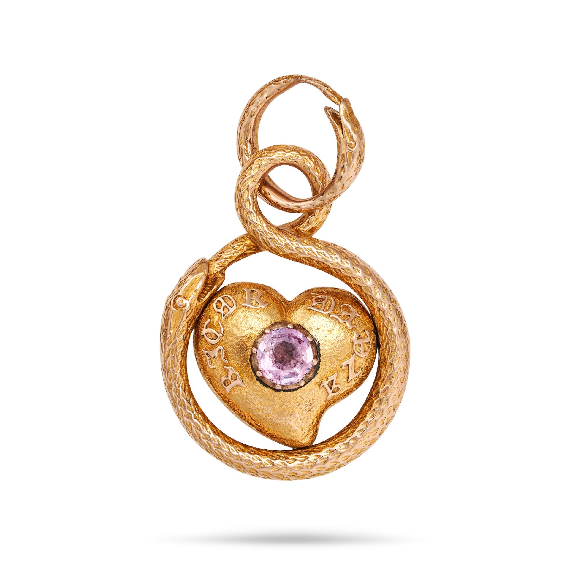 AN ANTIQUE OUROBOROS SNAKE HEART LOCKET PENDANT in yellow gold, the pendant designed as a Witch's...