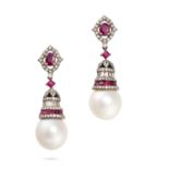 A PAIR OF RUBY, DIAMOND AND PEARL DROP EARRINGS in 14ct yellow and white gold, each set with an o...