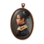 AN ANTIQUE MEMORIAL PENDANT in yellow gold, comprising a painted profile of a nurse beneath a gla...