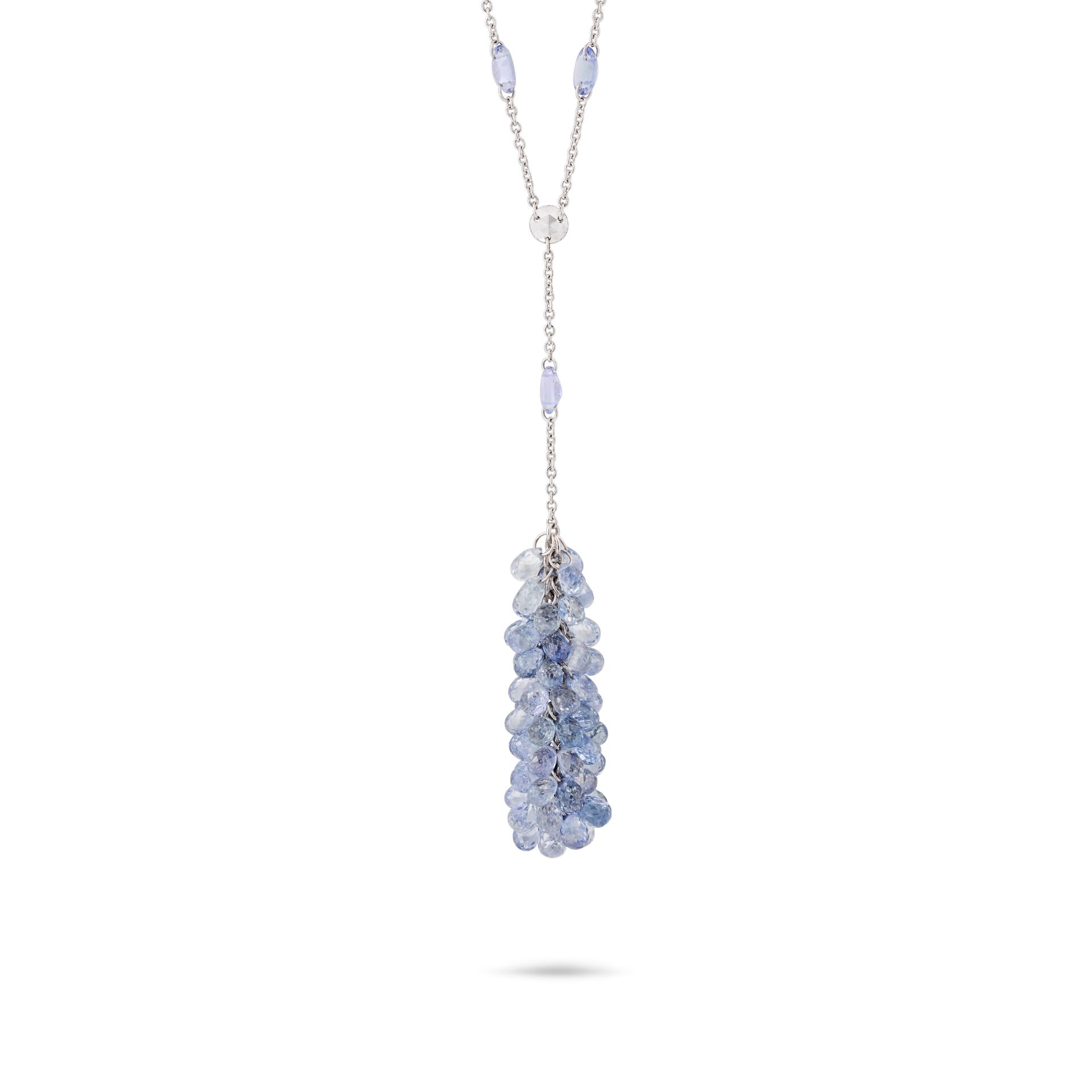 A SAPPHIRE, TANZANITE AND DIAMOND NECKLACE in 18ct white gold, comprising a trace chain set with ...