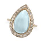 AN AQUAMARINE AND DIAMOND RING in yellow gold, set with a pear shaped cabochon aquamarine in a bo...